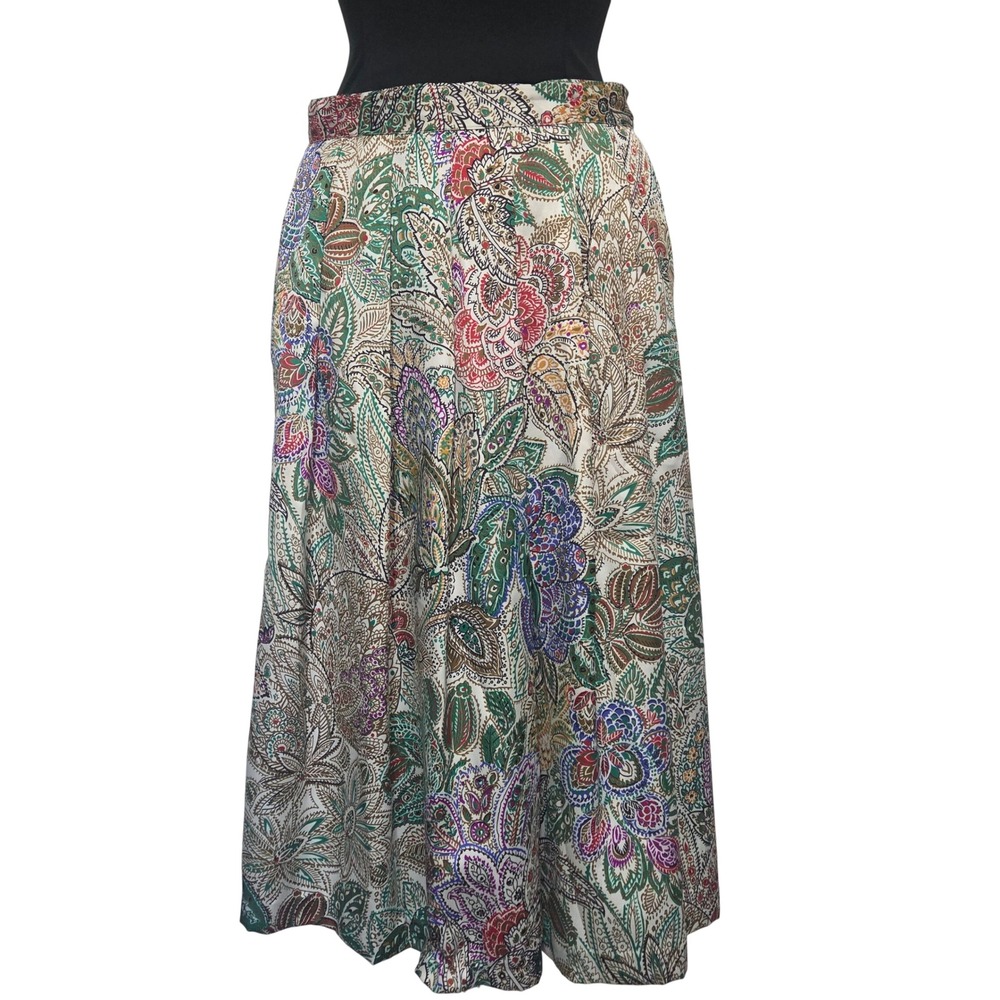 Eva Laurel New York Paisley Floral Midi Office Skirt Vintage Pleated A-Line W29"